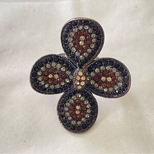 Chocolate brown crystal flower ring adjustable band size cream amber accents